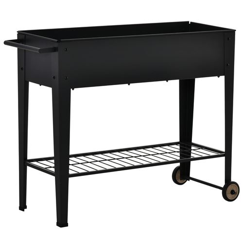 Outsunny Metall-Pflanzschale mit Ständer und Regal 104L x 39B x 80H cm 2 Räder + Bewässerungseinsatz Schwarz   Aosom