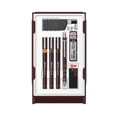 rOtring Set Collège, Porte-mine 0.5 + 3 Isograph 0.2/0.3/0.5mm + gomme + étui 12 mines HB + flacon encre 23 ml + attache compas
