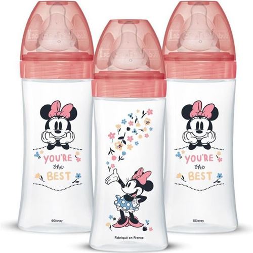 Lot de 3 Biberons Anti colique Sensation+, Minnie, 330 ml, +6 Mois, Tétine Plate, Débit 3