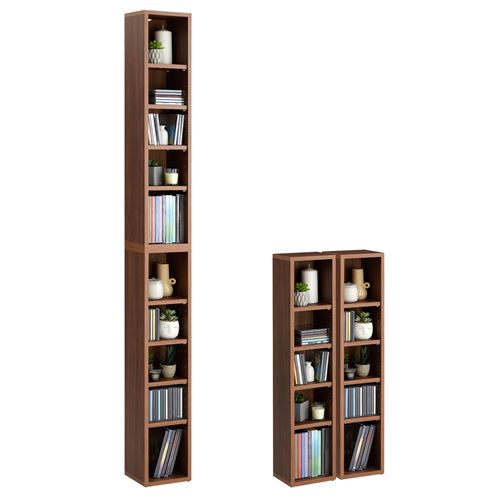 Etagères modulables MUSIQUE pour CD et DVD, lot de 2 meubles de rangement en colonne avec 10 compartiments en mélaminé couleur noyer