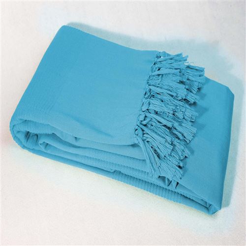 Jete de canape a franges 220 x 240 cm coton tisse lana Turquoise
