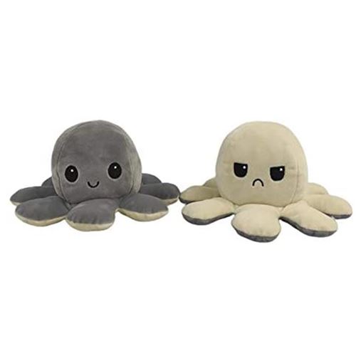 Peluche poulpe réversible double face 20 cm -gris + abricot