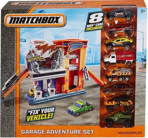 Coffret garage adventure set avec 8 voitures matchbox - vehicule - mattel