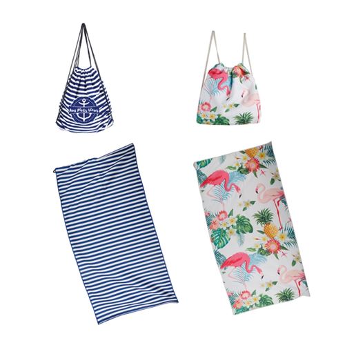 Lot de 2 Serviettes de Plage Marin et Flamant Rose en microfibres + sac à dos intégré 2-en-1 Jardin / Camping / Sport / Plage