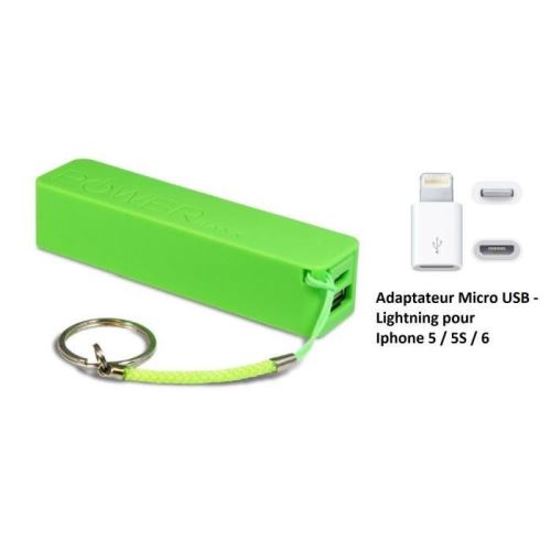 Batterie externe de secours 2600 mah - Powerbank - Vert - avec adaptateur Lightning pour Apple Iphone 5 / 5S / 6