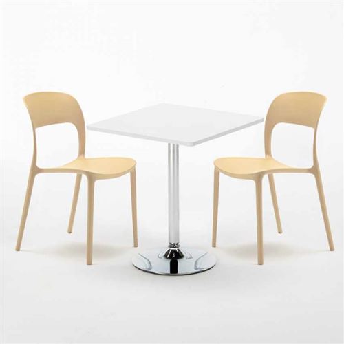Table Carrée Blanche 70x70cm Avec 2 Chaises Colorées Set Intérieur Bar Café Restaurant Cocktail, Couleur: Beige