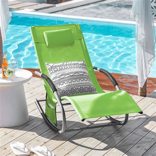 SoBuy® OGS28-GR Bain de Soleil Chaise Longue Fauteuil à Bascule avec Appui-tête et Pochette latérale