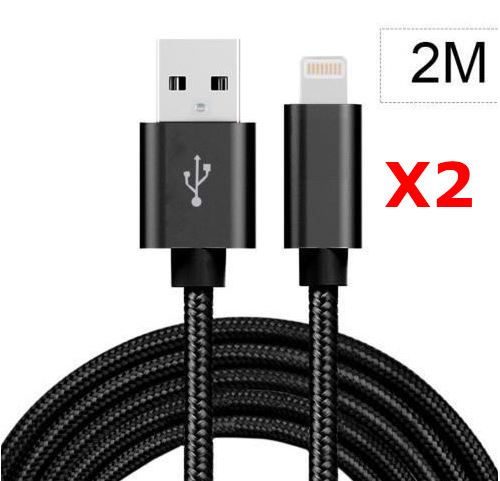 X2 Cable Metal Nylon Renforce Chargeur USB Couleur Noir pour IPhone Longueur 2m Tréssé Compatible IPhone 5s/6/6S/7/8/X/Xr X2 Little Boutik®