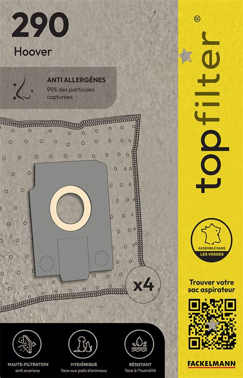 Lot de 4 sacs aspirateur hoover alpina topfilter premium ref. 64290