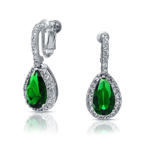 Bling Jewelry Emerald simulées CZ Poire sur Clip Earrings Laiton Rhodié