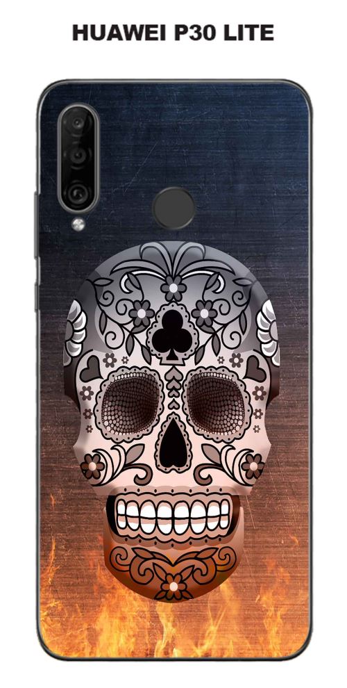 Coque Huawei P30 Lite design Tete de mort fond feu