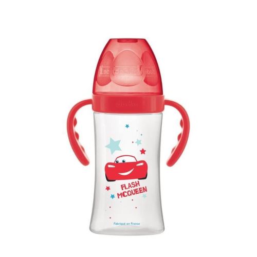 DODIE Biberon Initiation 270 ml Tétine ronde 3 vitesses débit 2 avec anses Rouge CARS 6 m+