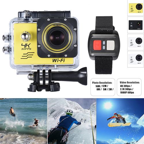 Action Caméra de Sport 4K LCD Wifi 2,0 4X Zoom Étanche 30M 170°Grand Angle avec Télécommande Jaune