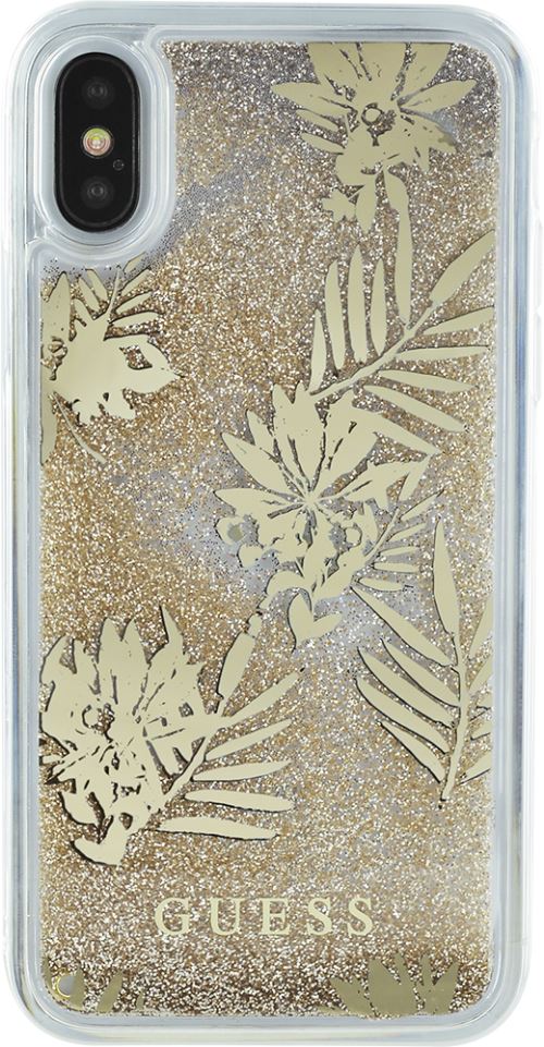 Coque rigide liquide avec paillettes or et fleurs tropicales Guess pour iPhone X