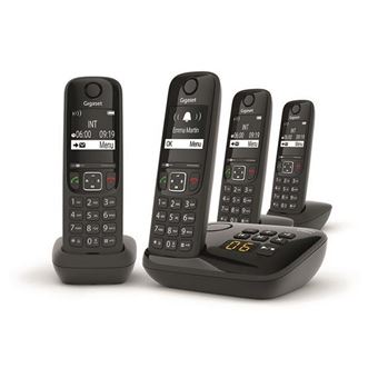 Gigaset AS690A Four - Téléphone sans fil - système de répondeur avec ID d'appelant - ECO DECT\GAP - noir + 3 combinés supplémentaires - 1
