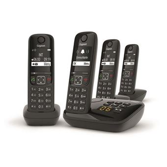 Gigaset AS690A Four - Téléphone sans fil - système de répondeur avec ID d'appelant - ECO DECT\GAP - noir + 3 combinés supplémentaires