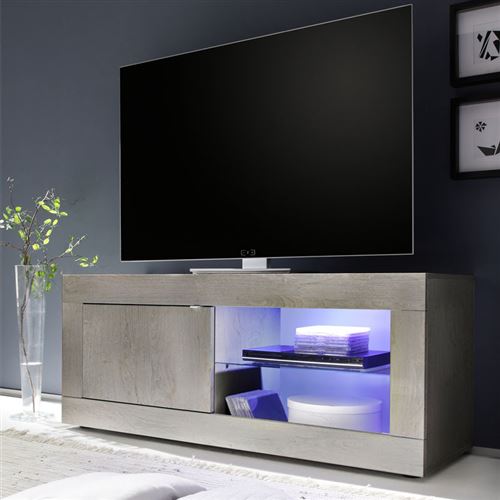 Meuble TV 1 porte 2 niches Pin blanc à LEDs - MATERA