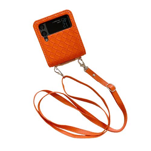 Coque Pour Samsung Galaxy Z Flip 3 en Cuir Frusde Motif de Tissage Etui avec Cordon-Orange