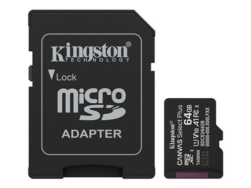 Kingston Canvas Select Plus - Carte mémoire flash (adaptateur microSDXC vers SD inclus(e)) - 64 Go - A1 / Video Class V10 / UHS-I U1 / Class10 - microSDXC UHS-I