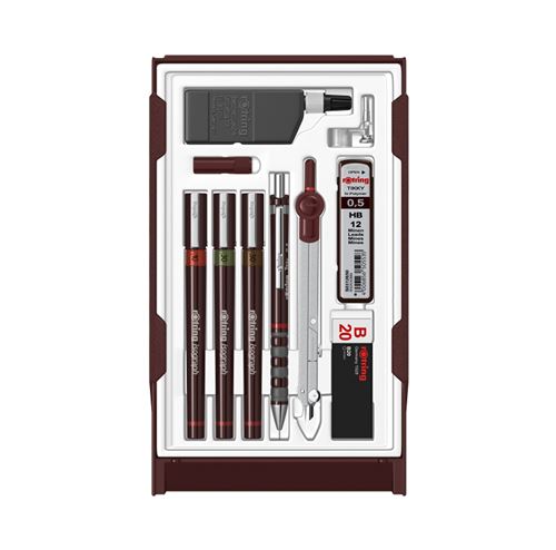 rOtring Set Master: Porte-mine 0.5 + 3 Isograph 0.1/0.3/0.5mm + Gomme + 12 mines HB + flacon encre 23ml + compas + attache compas