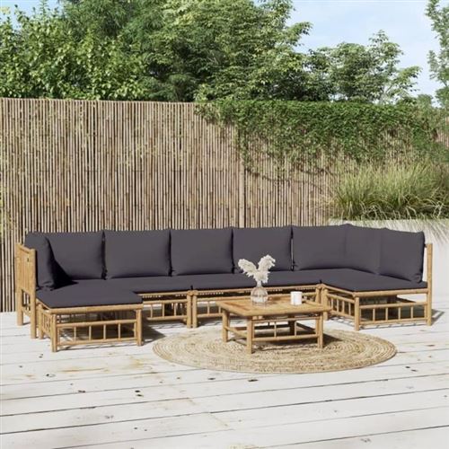Vidaxl Gris Salon De Jardin 8 Pcs Avec Coussins - Foncé Bambou - Image 3