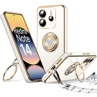 Coque pour Xiaomi Redmi Note 14 5G (pas pour 4G) Protection Silicone Ultra Slim avec Cordon et Anneau Brillant Rotatif - Blanc - BOOLING - 1