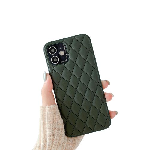 Coque en cuir souple à carreaux losanges de luxe FONGWAN pour iPhone 12-vert foncé