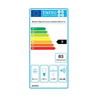 Hotte Plafonnier FALMEC CORNUVO3412, cm, commandes electroniques, finition Inox blanc, vendue sans moteur. Ex pour MOT950 : Debit boost = 830m3/h, Puissance acoustique max = 62dB. Eclairage LED reglable en temperature. Classe energetique : B