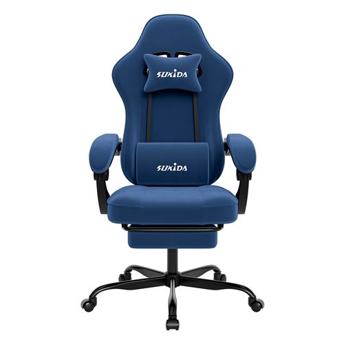  chaise gaming ergonomique avec repose-pieds, support lombaire et hauteur r&eacute;glable - Bleu 