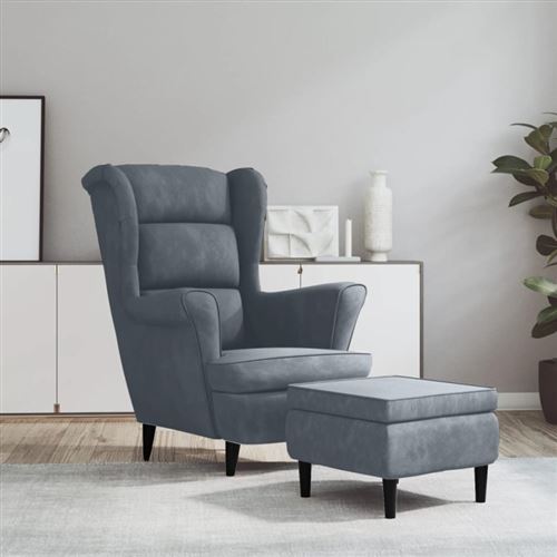 Non Communiqué Gris Foncé Fauteuil À Oreilles Avec Tabouret Velours