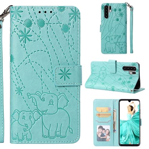Etui en PU support à motif d'éléphant cyan pour votre Huawei P30 Pro