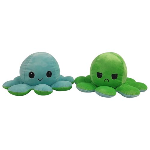 Peluche poulpe réversible double face 20 cm - bleu clair + vert