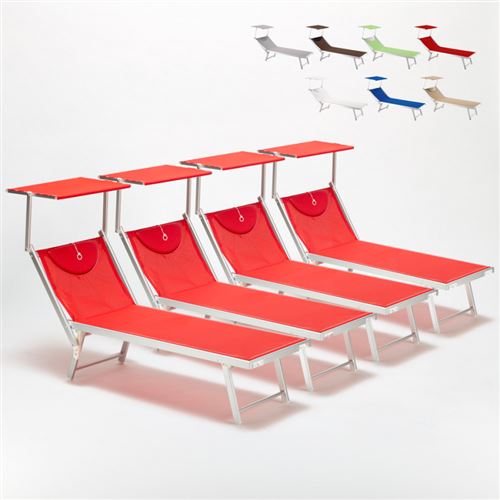 Beach and Garden Design - Bain de soleil chaises longue transats Lits de plage piscine aluminium jardin Santorini 4 pcs, Couleur: Rouge
