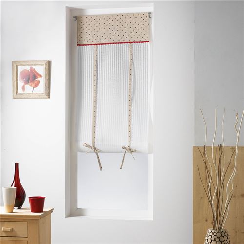 Store droit passe tringle 60 x 150 cm voile rayures+top imprime pauline Rouge