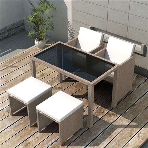 Vidaxl Beige Salon De Jardin Rotin Gris 5 Pieces 4 Personnes - Image 1
