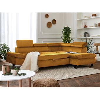 300 Sur Nairobi Canape D Angle Convertible En Velours 5 Places Avec Tetieres Droit Couleur Jaune Achat Prix Fnac