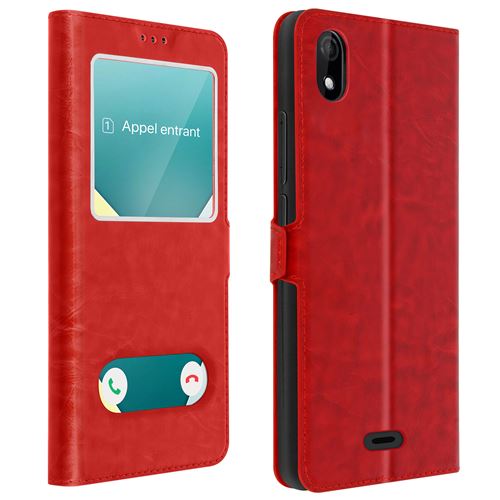 Avizar Housse pour Wiko Y61 Protection intégrale Double Fenêtre Support Vidéo Rouge