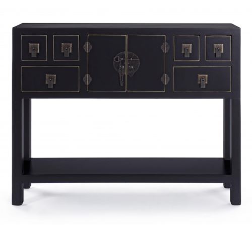 Meuble avec 2 portes et 6 tiroirs coloris noir - Dim : L 94.5 x 24 x P 78 cm -PEGANE