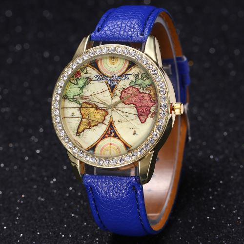 OHP Montre à bracelet Strass cuir PU analogique analogique carte du monde - bleu marine .