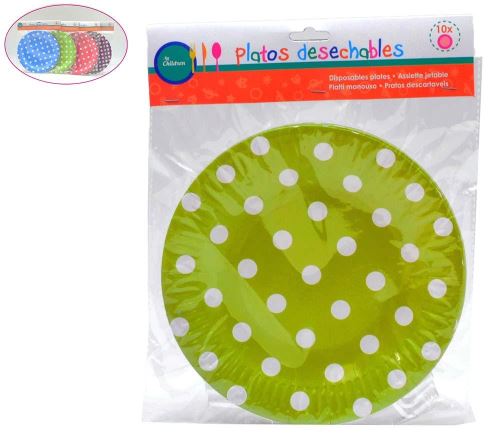 Pack 10 plats à pois 4 couleurs 19 cm