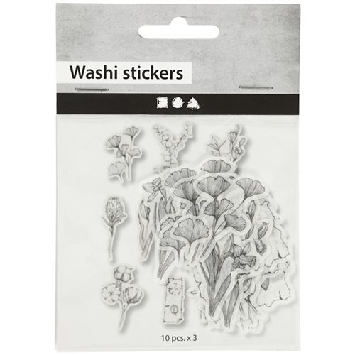 Stickers Papier Washi - Fleurs Noir et Blanc - 30 pcs