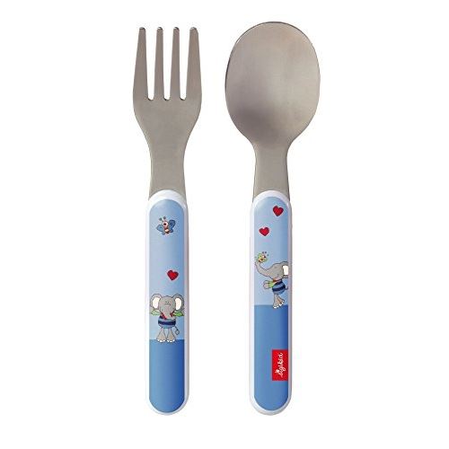 Sigikid, 24875 enfant garçon couverts de table fourchette + cuillère, inox et plastique abs, lolo lombardo bleu, 14 cm