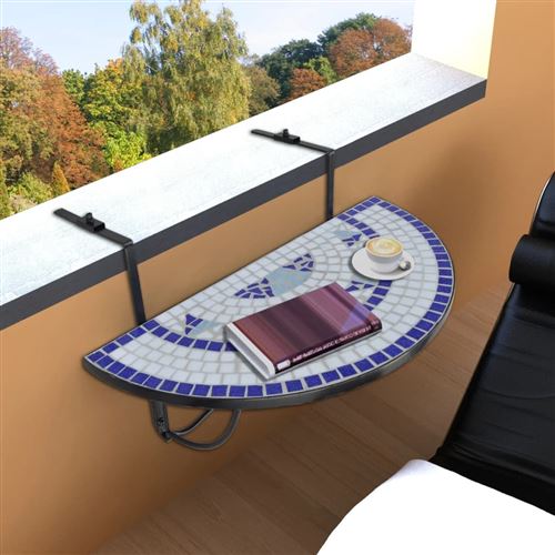 vidaXL Table suspendue de balcon Bleu et blanc Mosaïque