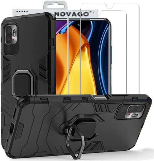 KANSi Coque pour Xiaomi POCO M4 Pro 4G (6.43), Verre Trempé [2 Pièces] + Housse TPU Silicone Rotation 360° Aimant Anneau Support Double Défense