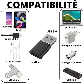 Adaptateur USB 3.0 vers USB-C compatible chargeur secteur