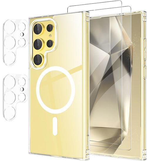 Coque Silicone Transparente Compatible Magsafe + Verres Trempes et Protections Camera Arriere Transparent X2 Pour Samsung Galaxy S24 Ultra Little Boutik©