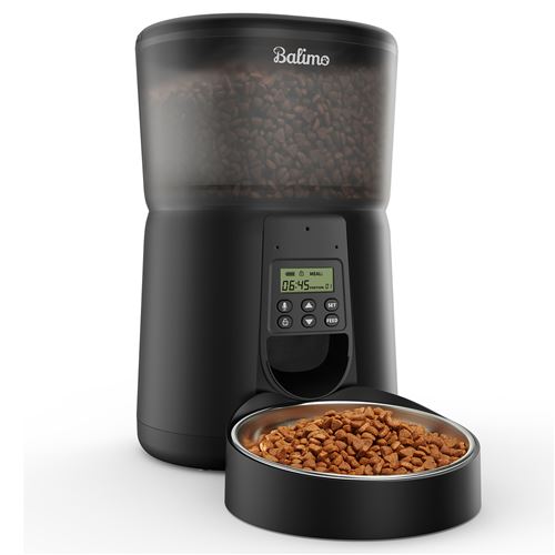 Comparer les prix de Balimo 4L Distributeur Croquettes Chat&Chein, Bol en Acier Inoxydable, Minuteur Programmé, Voix Personnalisé 10s Noir