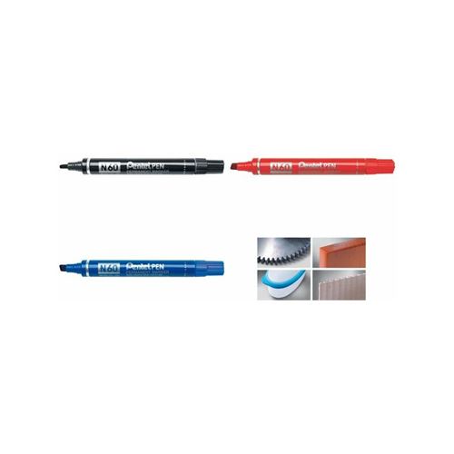 Marqueur permanent Pentel N60 - corps m&eacute;tal - pointe biseaut&eacute;e bleue