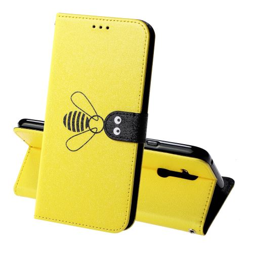Etui en PU modèle d'abeille en soie avec support jaune pour votre Huawei Mate 20 Lite