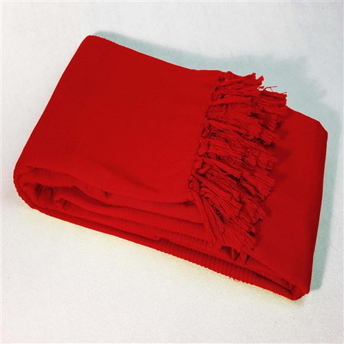 Jete de canape a franges 220 x 240 cm coton tisse lana Rouge